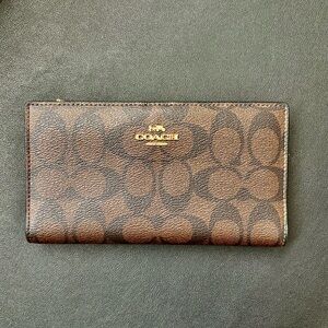 Coach Brown Signature Continental Wallet with Gold Logo